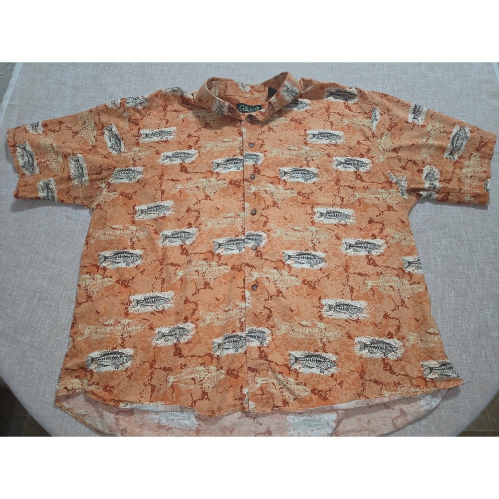 Gallop Mens XXL Orange Fish Bass Print Short Sleeve Cotton Button Down Shirt - Picture 2 of 7